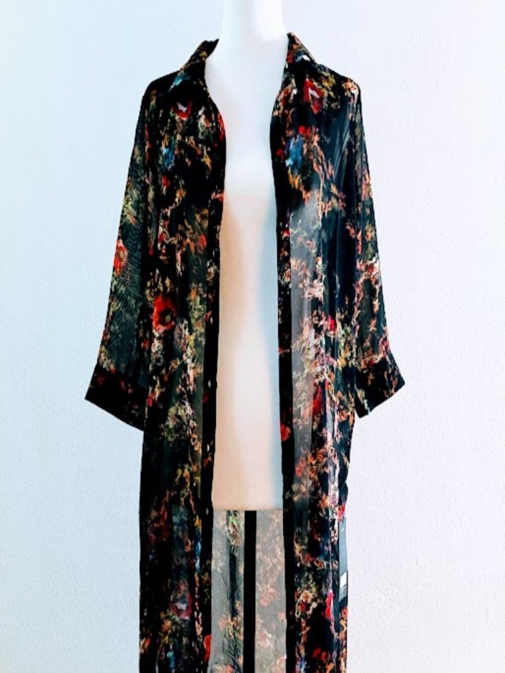 #16907 Black long cardigan with a sheer floral print